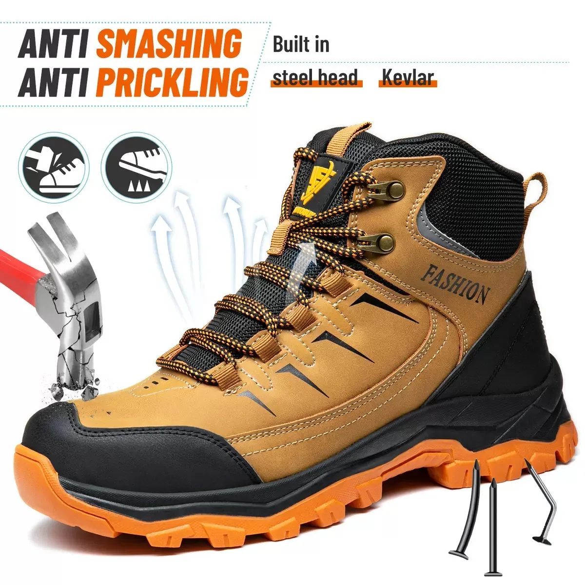 Mid-Cut Men's Impact-Resistant, Puncture-Resistant Steel-Toe, Durable, Non-Slip, Breathable Safety Shoes for Construction Sites
