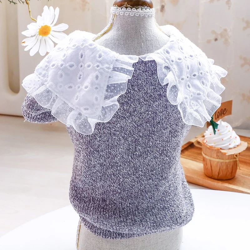 1PC Pet Clothing Cat Spring and Autumn Pullover Dark Grey Retro Lace Fake Two Pieces Suitable for Small and Medium Dogs