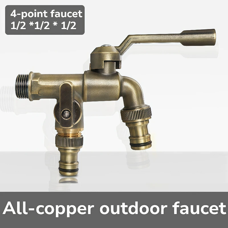 All-copper Outdoor Anti-freezing Faucet with One Inlet and Two Outlets Dual Water Outlets, 1/2*1/2*1/2 Thickened Garden Watering