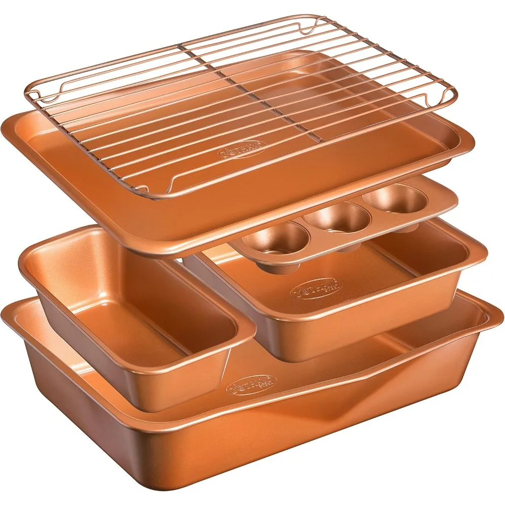 

"6-Piece Non-Stick Bakeware Collection with Baking Pans, Cookie Sheet, Loaf Pan, Muffin Tin and Premier Ti-Cerama Copper C Techn