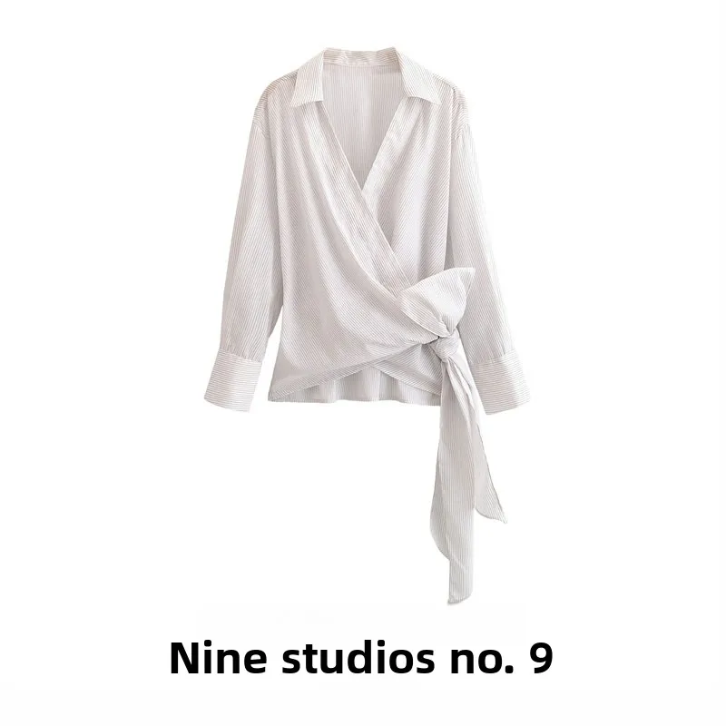 

NINE ZAR Women's irt Waist Tie Wrap Waist Long Sve Striped Top Faionable European Sle Polyester Fabric A-Line Sve