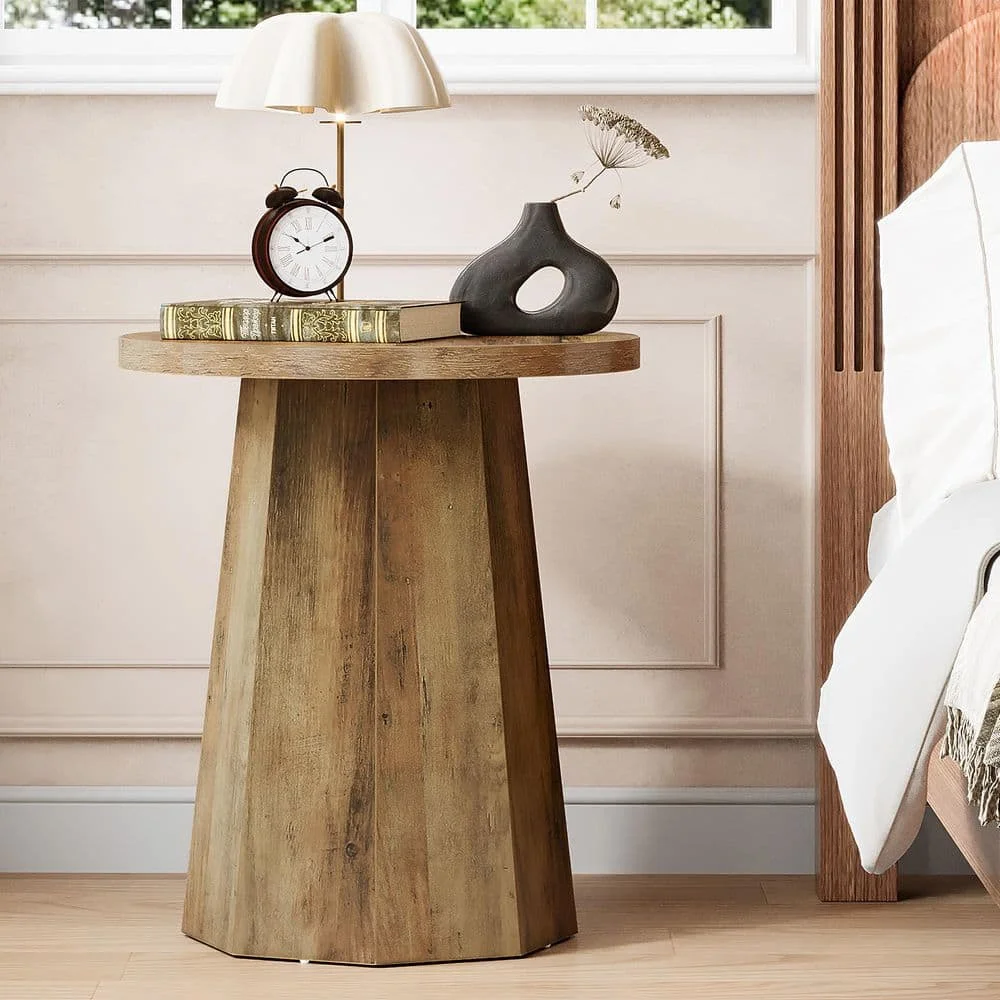 19.69 بوصة. طقم طاولة نهاية خشبية مستديرة بنية مكونة من 2، طاولة جانبية للأريكة مع قاعدة مثمنة لغرفة المعيشة وغرفة النوم