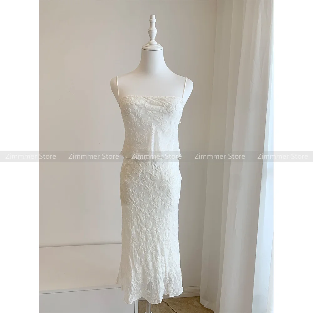 Australian niche 2024 summer new silk three-dimensional burnt flower lace-up white camisole top + skirt set