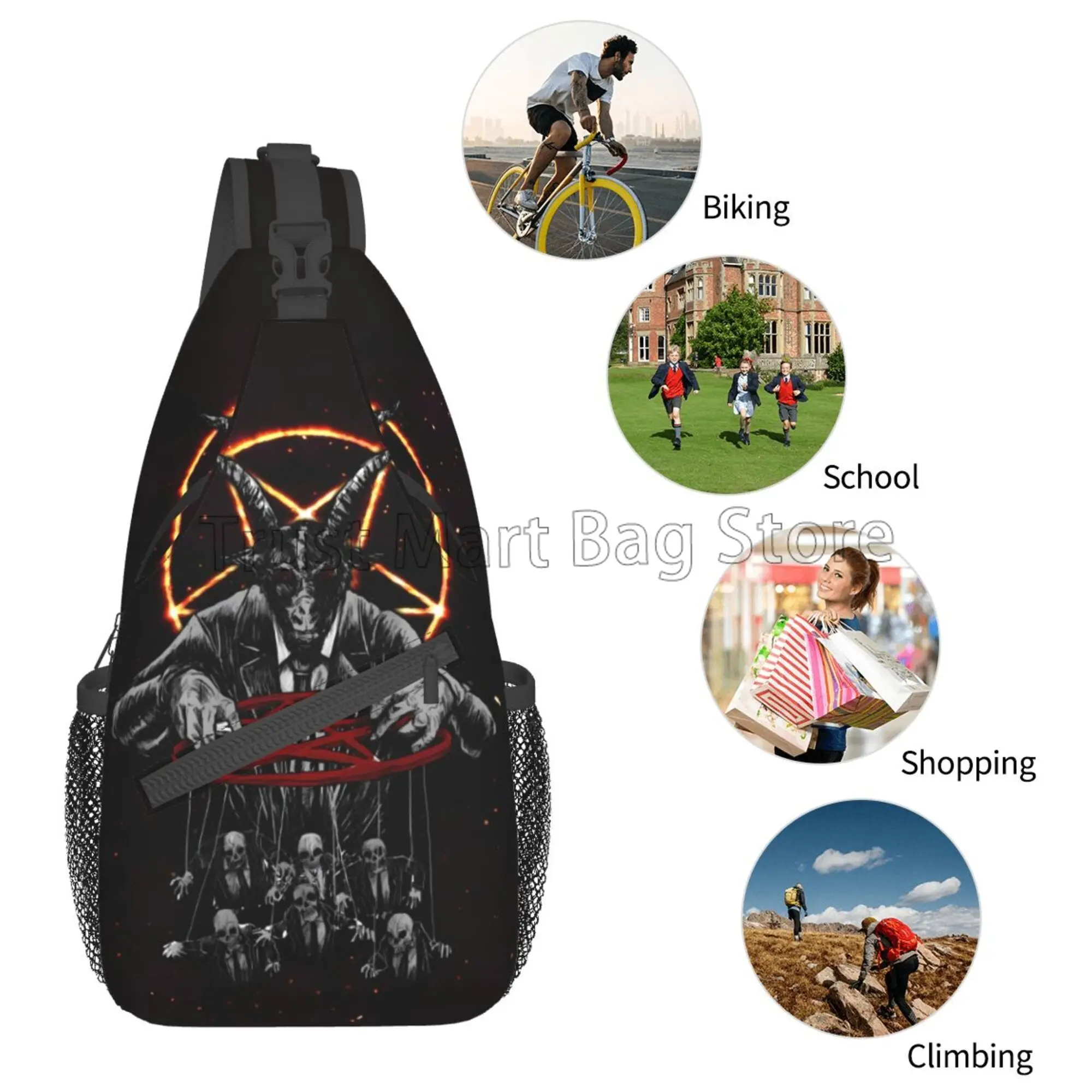 Baphomet Hunts Skull Puppets Sling Bag Crossbody Backpack Lightweight Chest Bag with Adjustable Shoulder Bag Travel Daypack