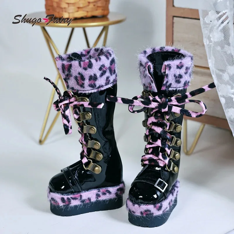 Shuga Fairy Bjd 1/4 Shoes Fits Bariy Flat Heel Fashion Leather Boots With Leopard Print High-top WX4-381 Bjd Doll Accessories