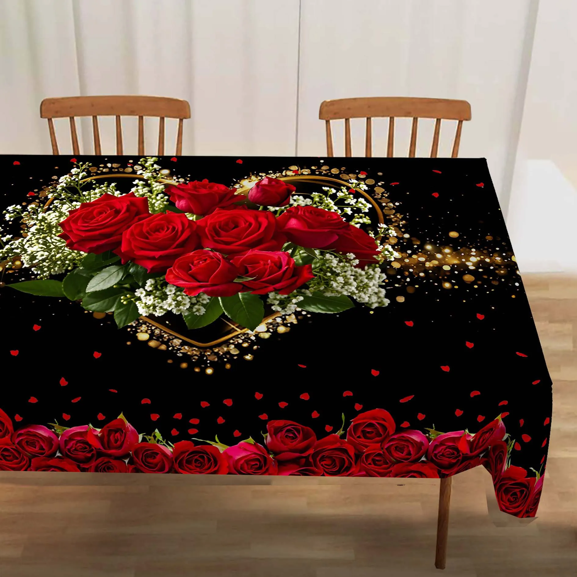 1pc Dreamy Creative Valentine'S Day Tablecloth, Designed with Heart Shapes And Red Rose Patterns, Vibrant Celebration Tablecloth