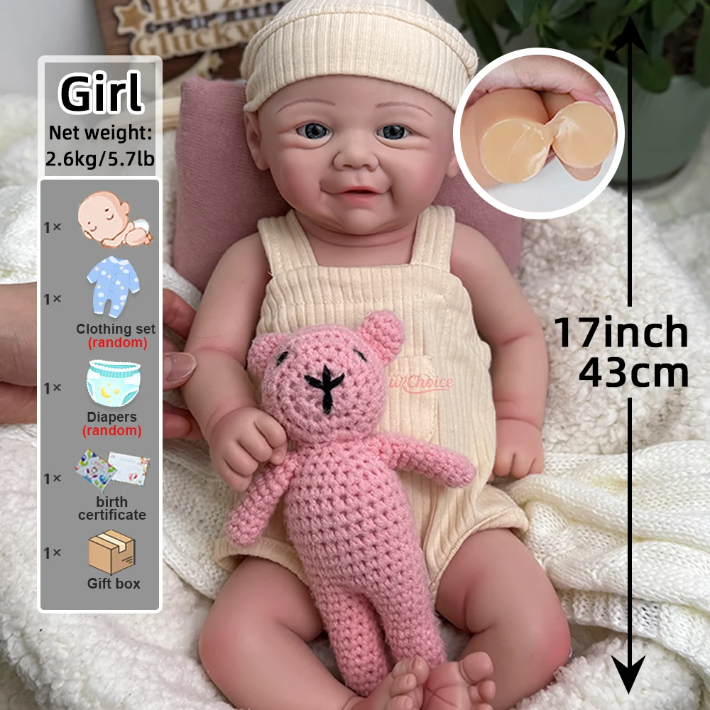 Exquisita muñeca renacida de silicona de 17 pulgadas, realista, hecha a mano, para niñas, modelo DIY, juguete y regalos navideños.