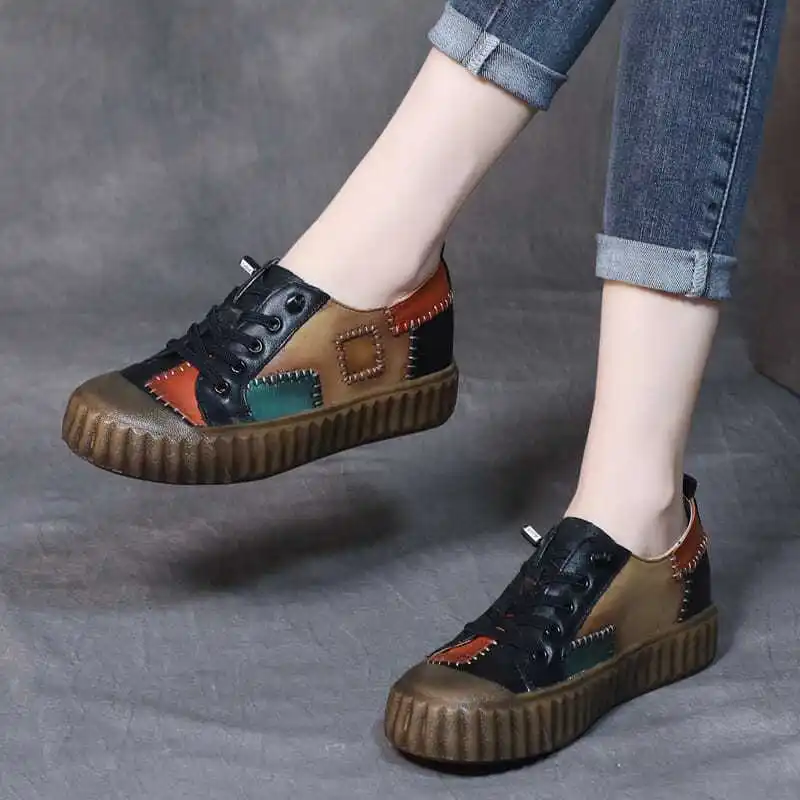 Retro Patchwork Leather Single Shoe for Women Platform Shoes Spring 2023 Autumn British Style Casual Shoes with Low Tops Sneaker