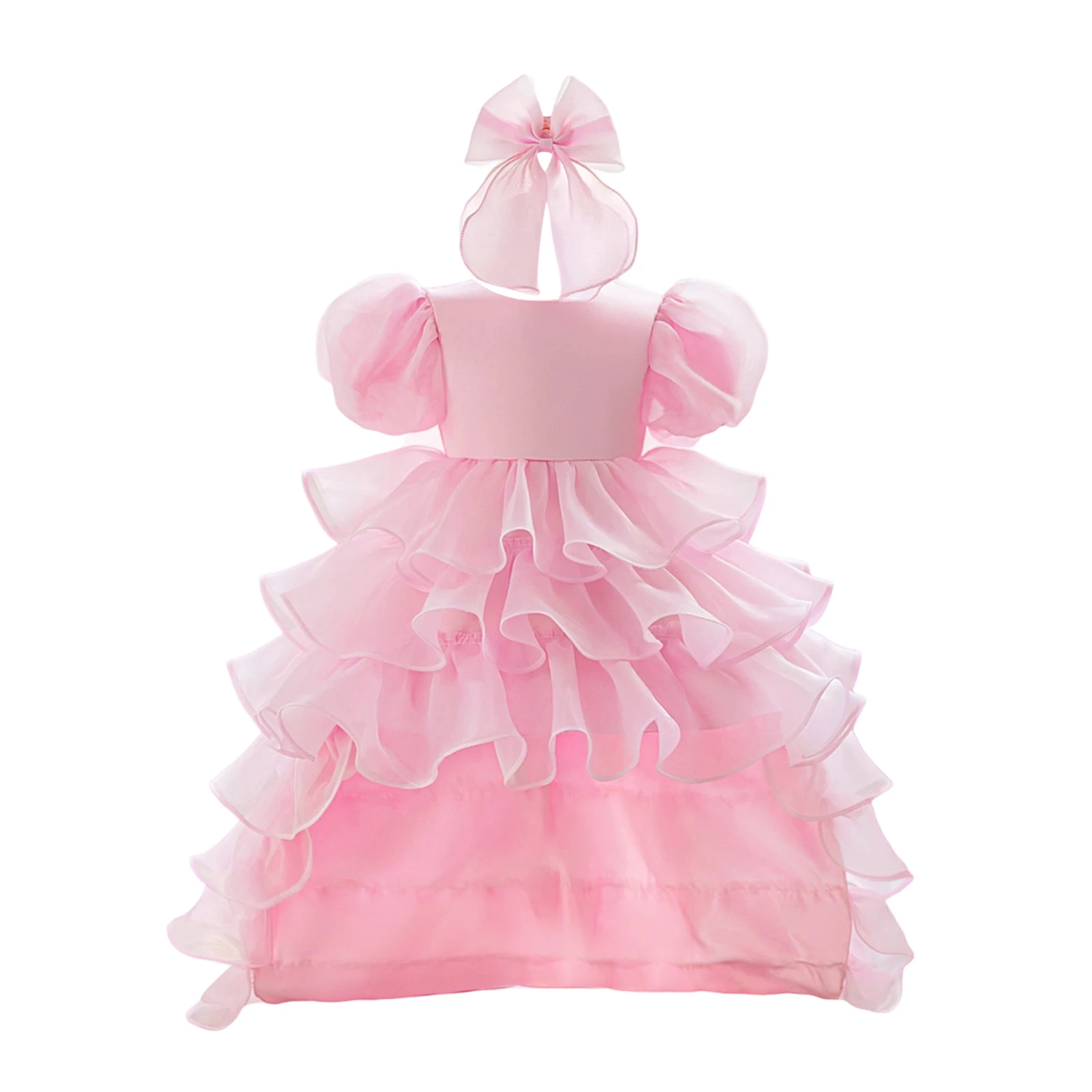 

Детское платье из двух предметов для девочек, многослойное платье трапециевидной формы с пышными рукавами и повязкой на голову с бантом, летняя одежда