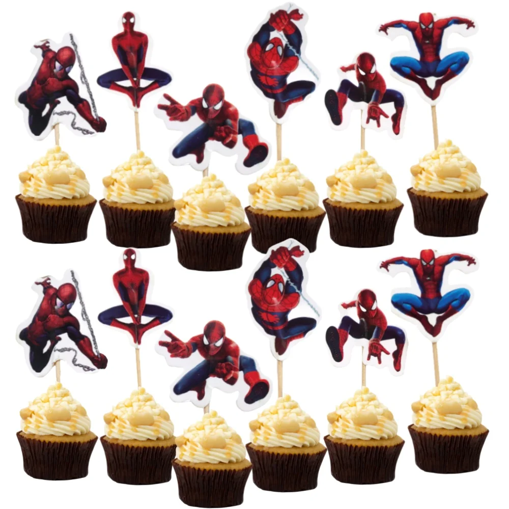 24Pcs Spiderman Cake Decorations Kids Boy Favor Party Cake Topper Decorates Baby Shower Superhero Cupcake Toppers Decor Supplies