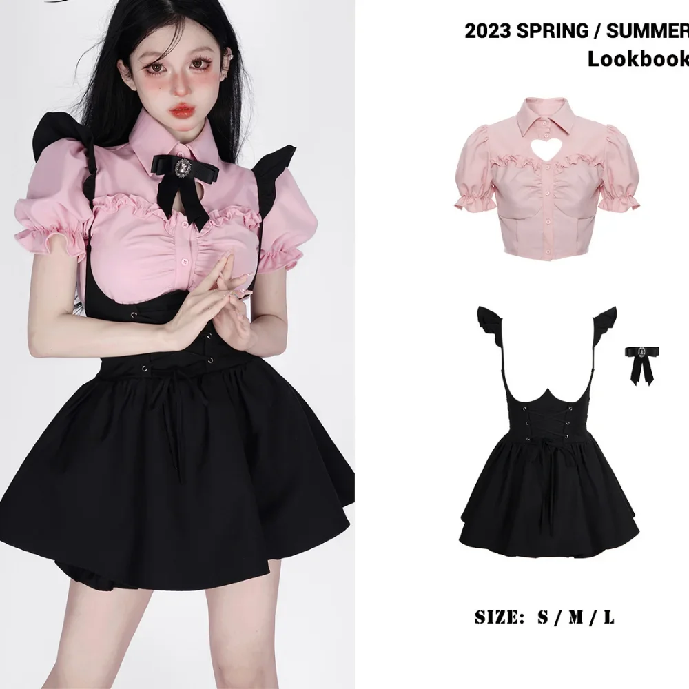 Summer Cute Girl Kawaii Two-piece Women Korean Stlye Elegant Pink Puffed Sleeves Heart Hollow Shirt + Black Suspender Mini Skirt