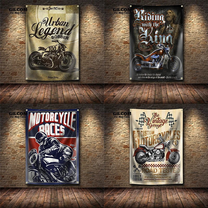 Retro Motorcycle Race Banner Flag USA Classic Vintage Poster Wall Vintage Garage Decor Advertisement   Sign Pub Club Bar view 3
