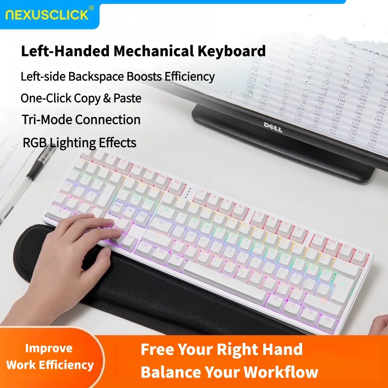 Teclado Mecánico NexusClick de 111 Teclas para Zurdos, Teclado Numérico de Lado Izquierdo con Modo Dual Cableado e Inalámbrico para Deportes Electrónicos y Trabajo de Oficina