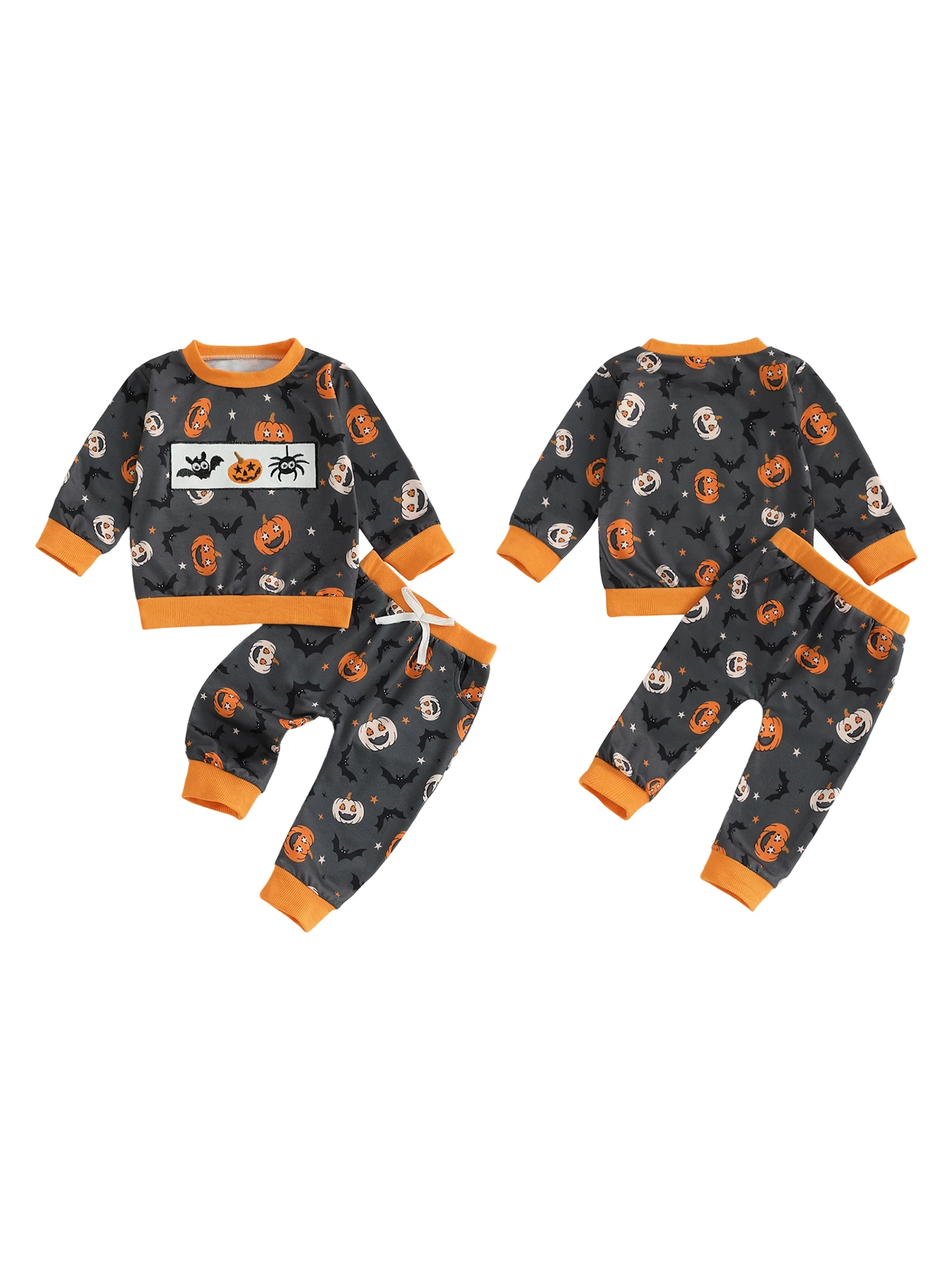 Infant Boys Autumn Ensemble Adorable 2-Piece Halloween Outfit with Pumpkin and Bat Design Pullover and Matching Pants