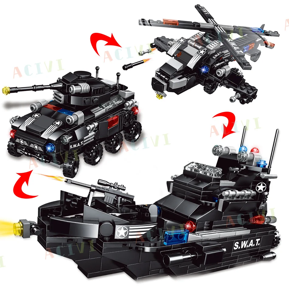 Military Tank SWAT Police Ship 8 IN 1 Building Blocks Set City Truck Brick with Policeman Construction Toys for Children Boy