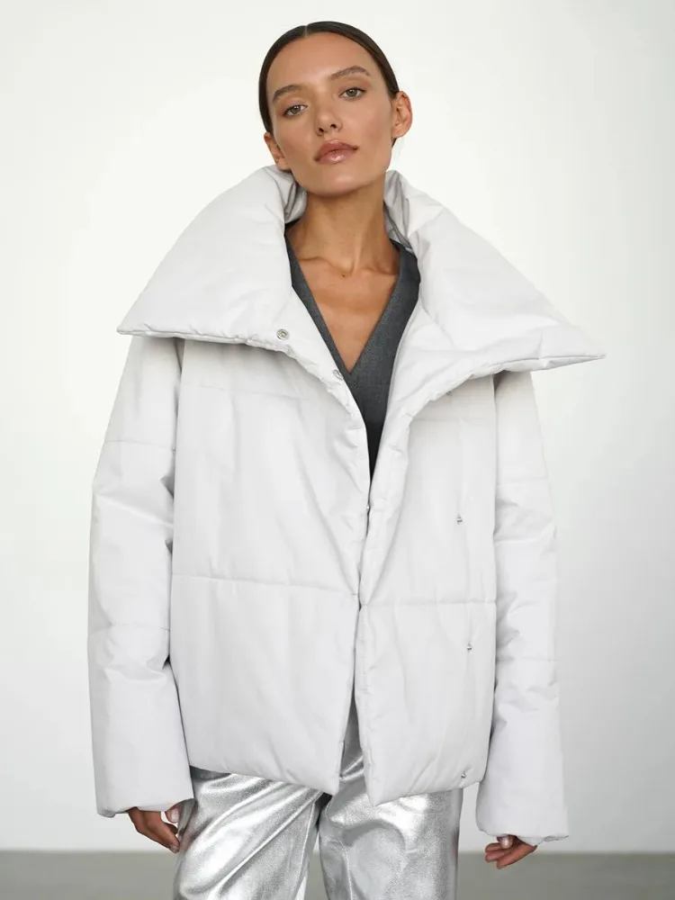 

Leosoxs New Autumn Winter Women's Warm High Collar Puffer Jacket Coat Design Solid Color Hidden Button Loose Fit Outerwear 2026