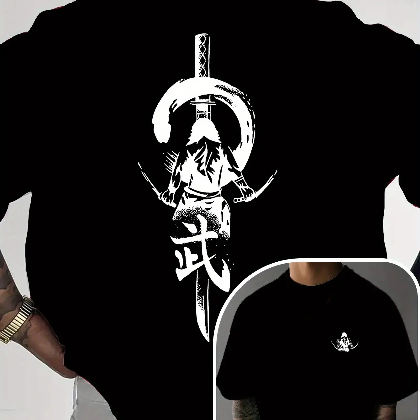 Bull King Selection Men Relaxed Fit Graphic T-Shirt - Samurai Dual Katanas Kanji Print Light Pink Breathable Summer Tee