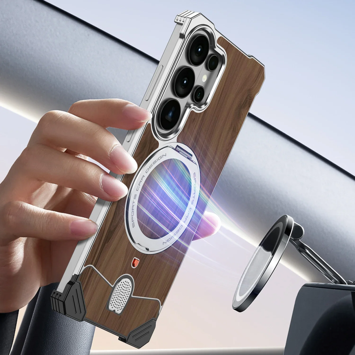 Magnetic Aluminum Metal Frameless Bumper Walnut Wood 360° Rotating Ring Holder Shockproof Case For Samsung Galaxy S26 Ultra