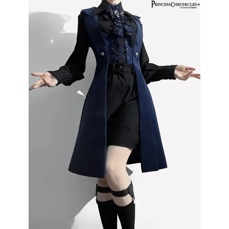 

2025 Ouji Lolita Night Overture Retro Dark Middle Ages Handsome Blue Long Vest Slim Fit by Princess Chronicles yy:89