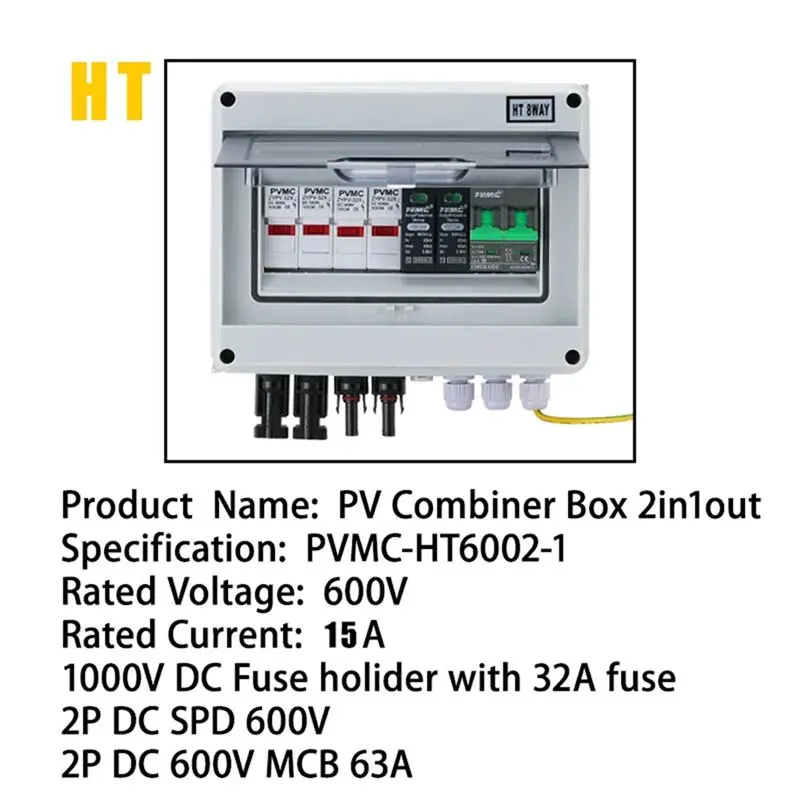 Y17A Combiner Box 2 In 1 Out DC 600V 15A Solar Photovoltaic MCB SPD Waterproof IP65