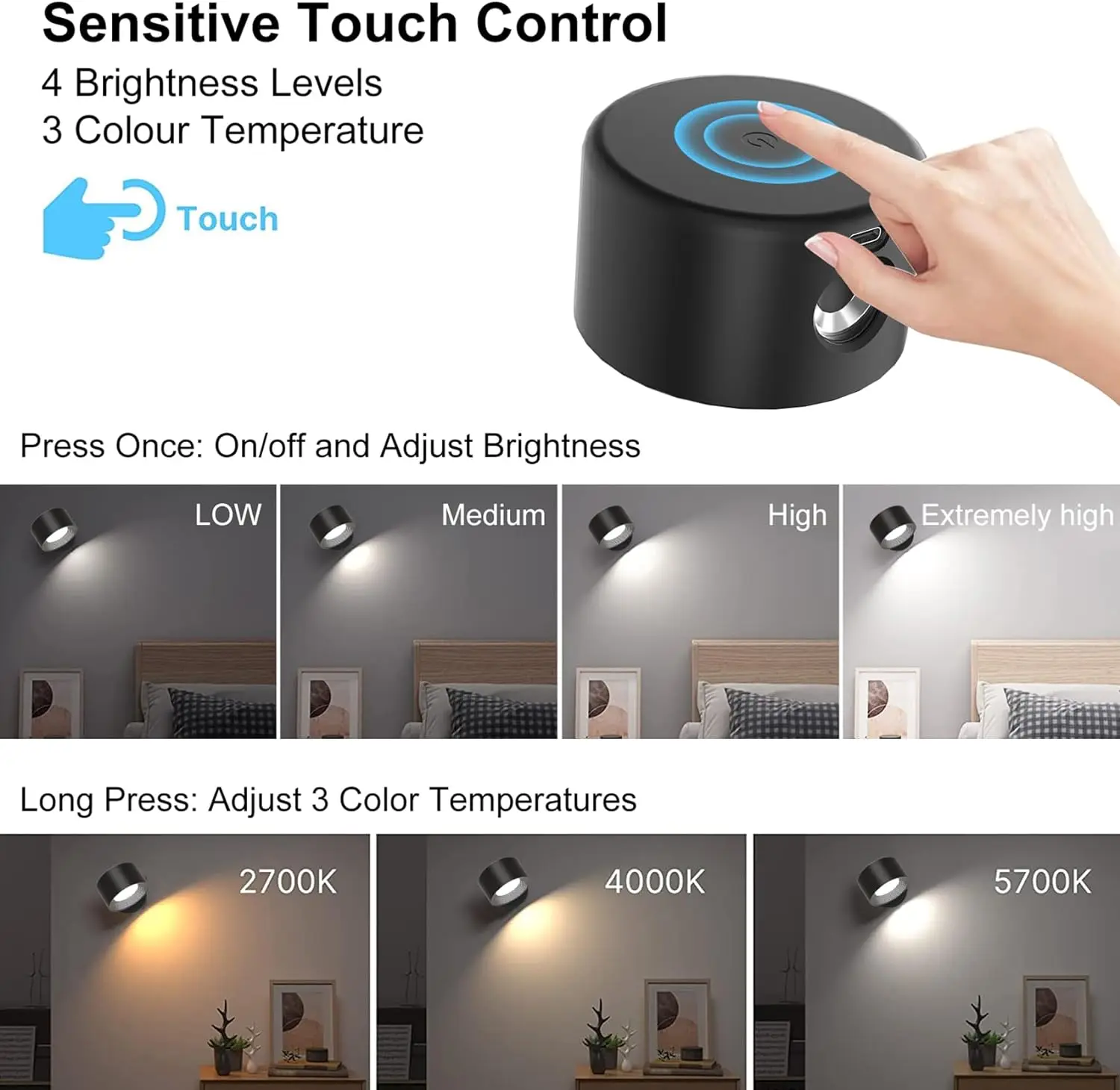 مصباح حائط داخلي LED ، مصباح حائط ، بطارية ، 4 مستويات سطوع ، مصباح بجانب السرير ، عبوة من 2