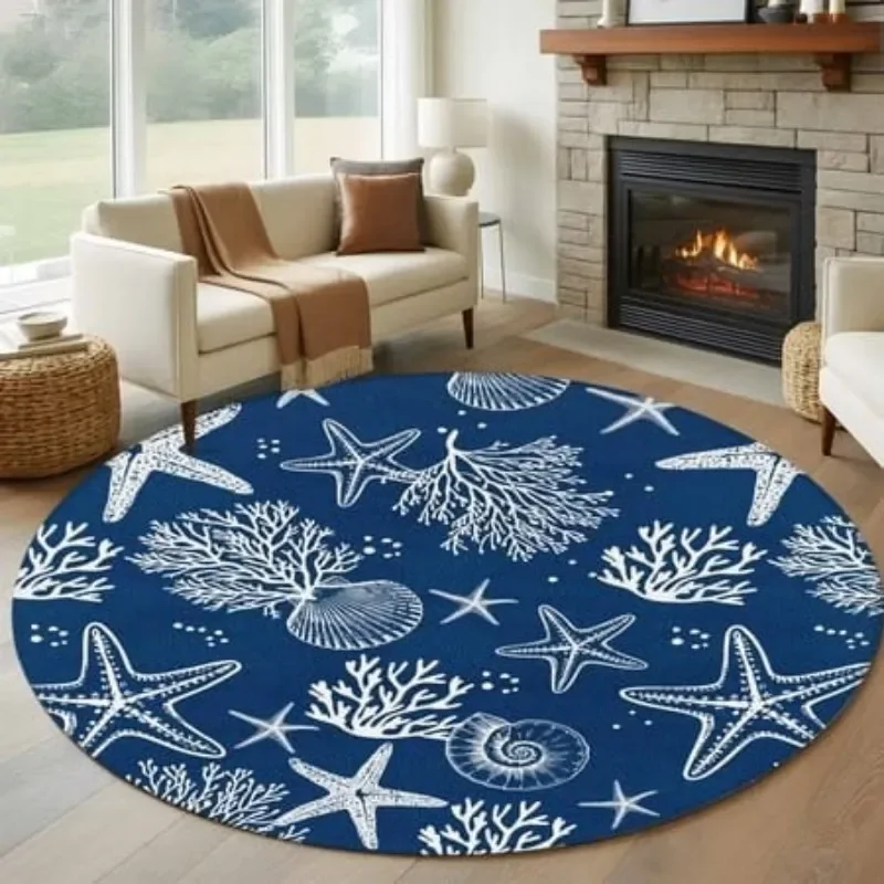 Starfish Round Carpet Ocean Coral Sea Shell Pattern Living Room Fireplace Area Rug Coastal Floor Mat