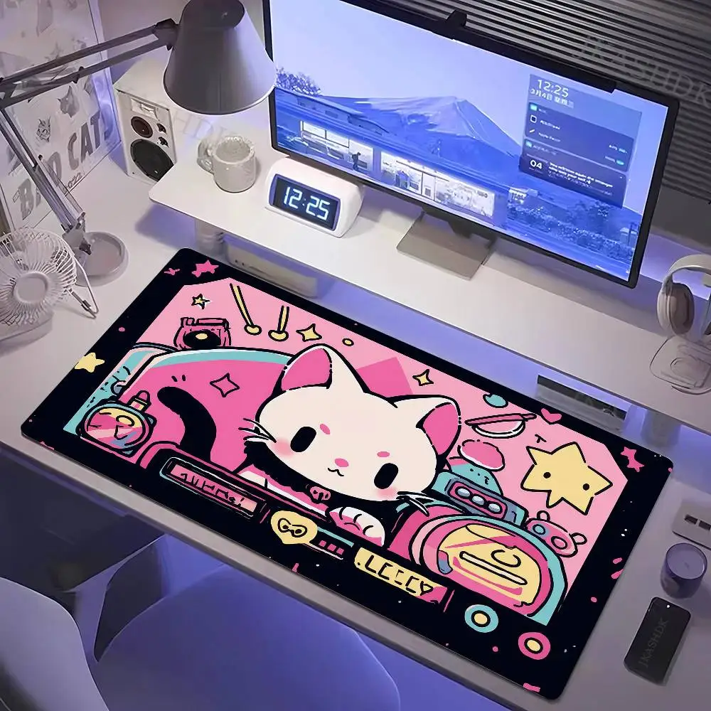 Black Cat and Clouds Keyboard Mat, Extended Mouse Pad with Stitched Edges, Office Desk Protector, Pink and Purple, XXL
