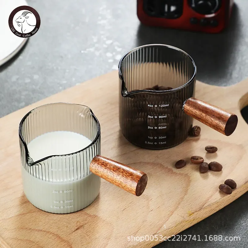 Wooden Handle Double Mouth Small Milk Cup Coffee Milk Cup Italian Glass Coffee Measuring Cup