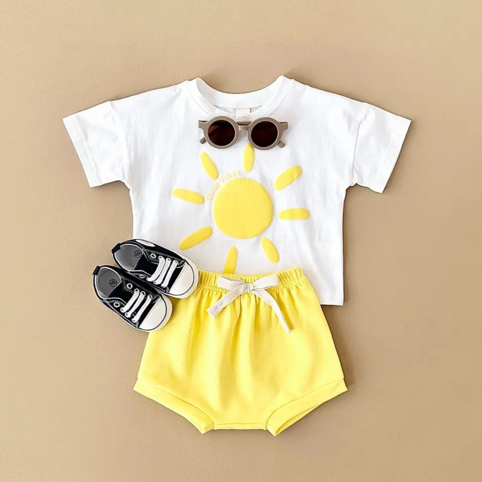 2024 Summer Baby Girl Clothes Newborn Baby Set Cotton Suit Flower Print Short Sleeved T-shirt+Beach Shorts Toddler Boys Outfit