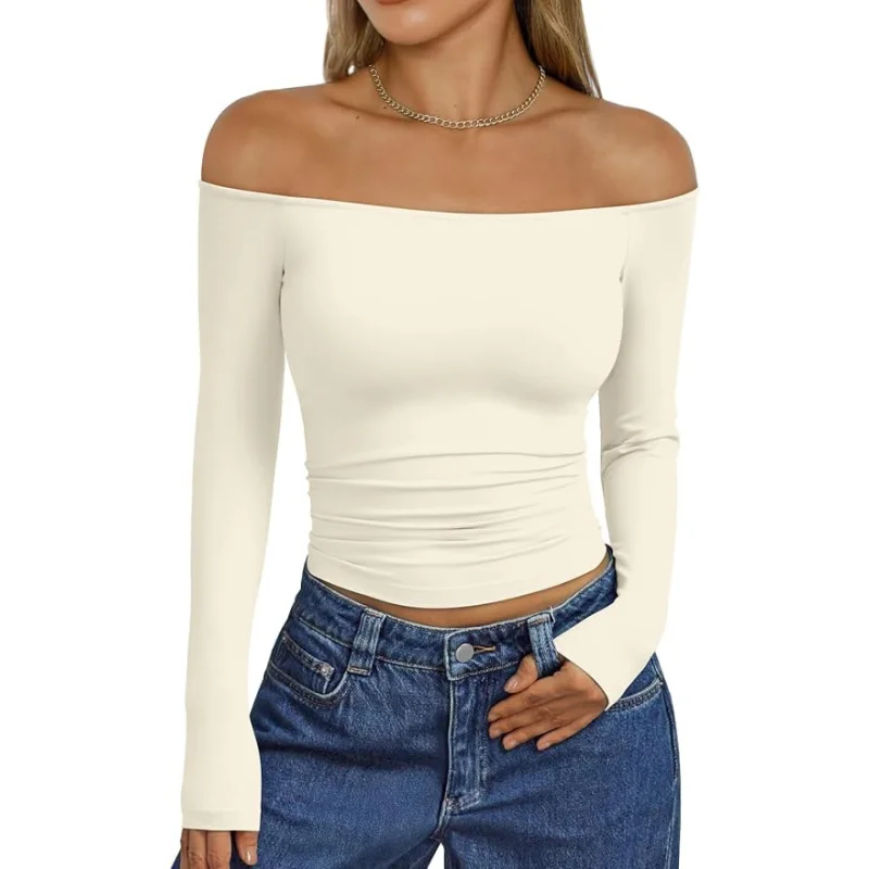 

Women Base Layer Sexy Off The Shoulder T-shirts Base Layer For Women Crop Top New Women Long Sleeve T Shirt One Shoulder Top