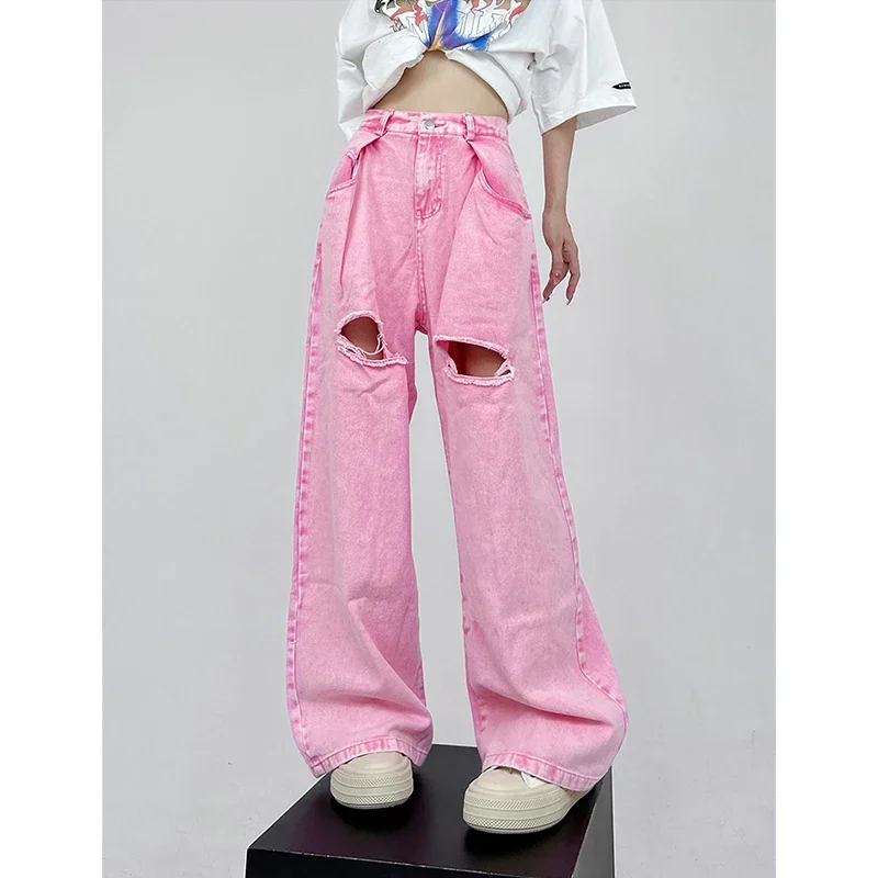 2024 Summer Y2K Pink Loose Harajuku High Waist Vintage Jeans Pants Streetwear Style Women's Wide Leg Baggy Denim Trouser