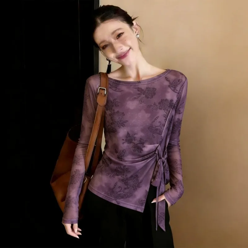 New Printed Mesh Women Base Shirt Spring Autumn Fashion Casual Long Sleeved Sun Protection Ice Silk Inner Layer Women's T-Shirt