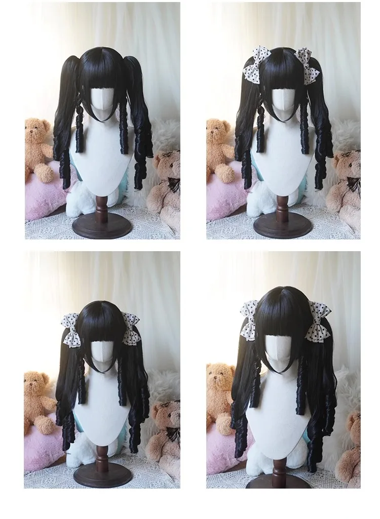 Sweet Roman Curly Synthetic Retro Lolita Long Curly Hair With Tigermouth Double Ponytail  Anime Wig Woman Party Cosplay Wig
