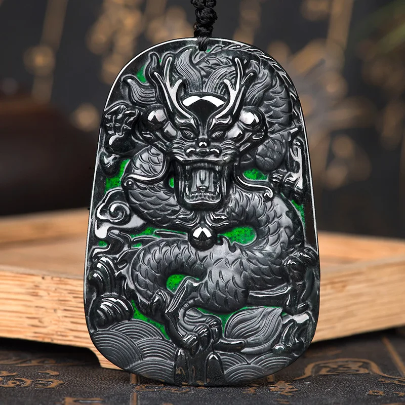 

New Natural Jadeite A-grade Dragon Brand Zodiac Dragon Pendant Ink Jade Ice Seed Men's and Women's Four Meetings Jade Jewelry