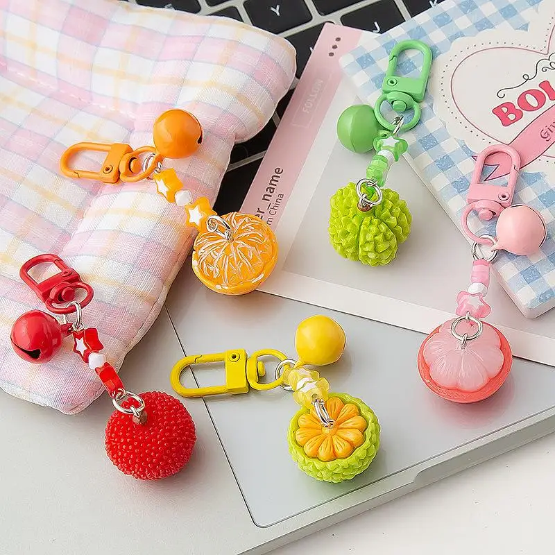 Cute 3D Fruit Keychain With Bell Resin Lychee Orange Pendant Bag Charm For Backpacks Keys