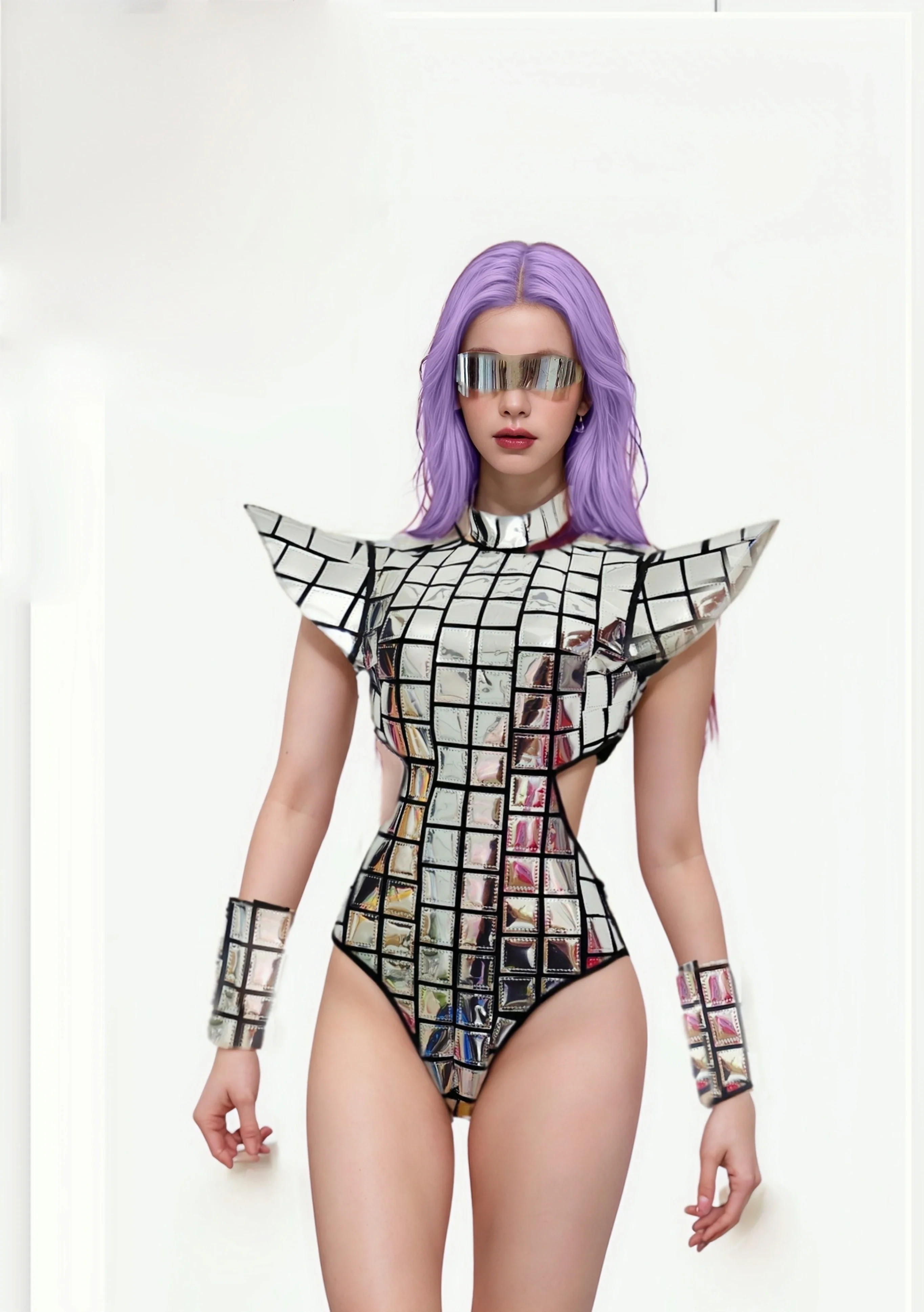 

Women Sexy Cutout Waist Silver Laser Fly Shoulder Bodysuit Bar Nightclub Singer Jazz Dancer Stage Party Prom Drag Queen Costume