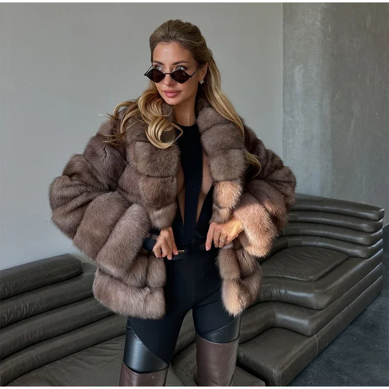Women Patchwork Faux Fur Coat Elegant Contrast Full Sleeve Lapel Loose Long Staple Plush Jacket Winter High Street Outerwears