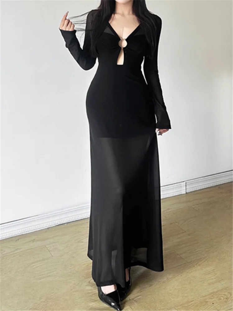 Sexy Black Deep V Neck Mesh Long Evening Party Dress 2025 Fall Winter Fashion Long Sleeve Hollow Out Sheer A Line Dress Vestidos
