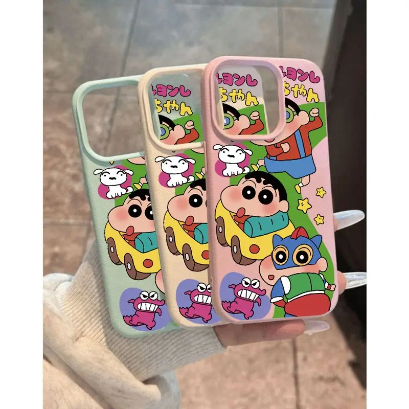 Cartoon Crayons Shin-chans Fashion TPU Imitation Leather Phone Case For iPhone 16 Plus 15 14 13 12 11 Pro Max Shock-absorbing