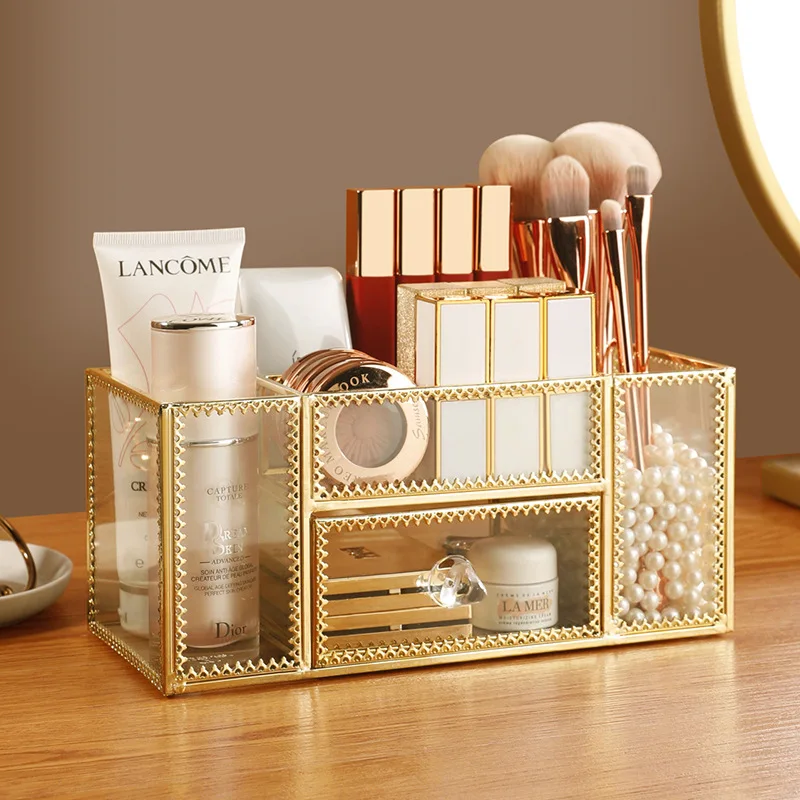 Fashion Gold Glass Makeup Organizer Lipstick Holder Perfume Desktop Jewelry Cosmetic Drawer Storage Box Display