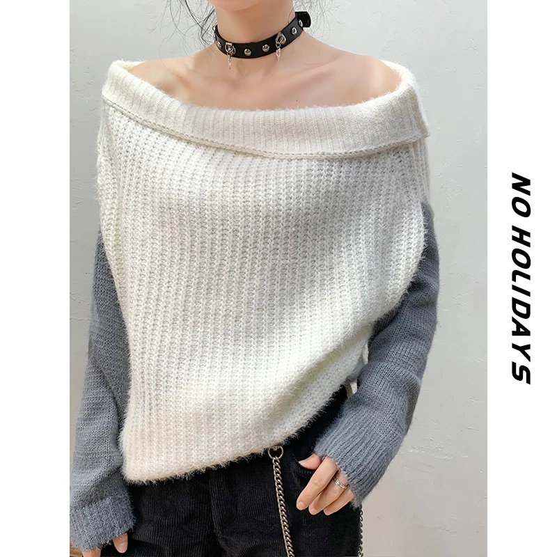 

Пушистый свободный женский свитер на одно плечо, осень-зима, теплый удобный вязаный длинный свек, повседневный модный базовый свитер