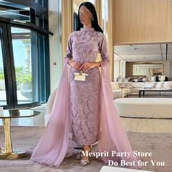 Arabian Evening Dress High Neck Long Sleeves Pearl Flower Lace Ankle Length Straight Formal Prom Gown Dubai Party Dresses