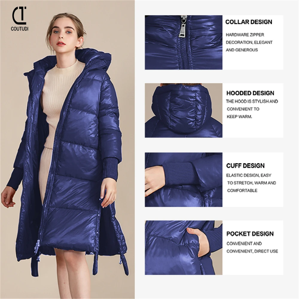 COUTUDI-Winter Coat for Women, Warm Down Jacket, Casual Loose Hooded Parkas, Long Parkas, Korean Style, New, 2024