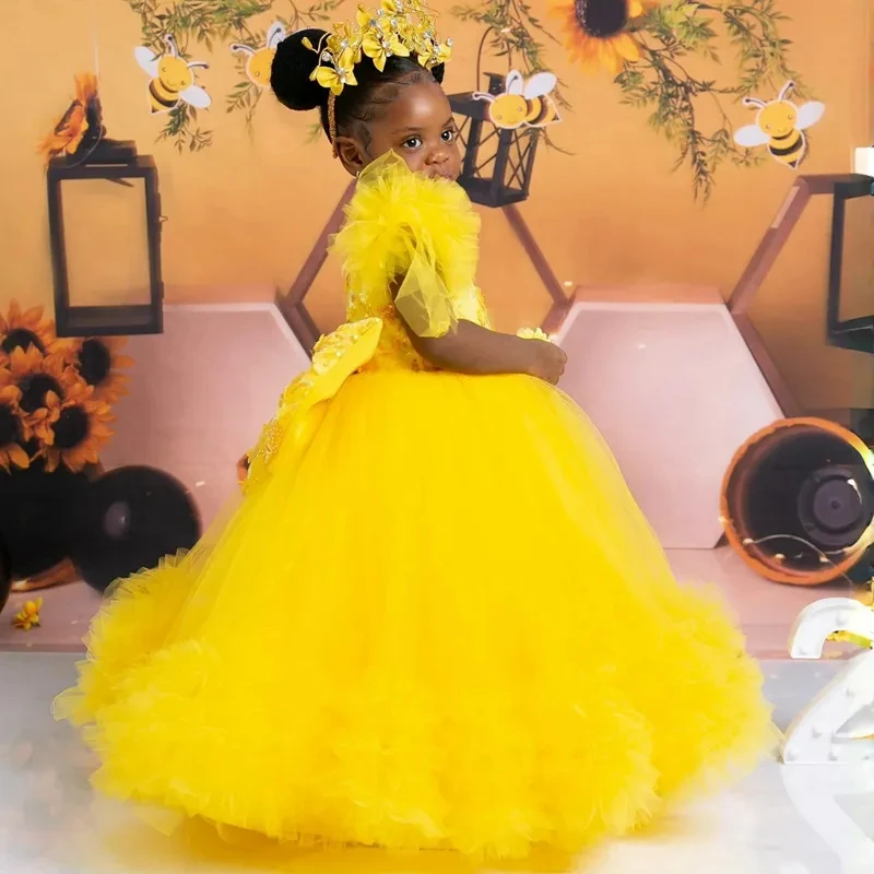 Yellow African Flower Girl Dresses Short Sleeve Tulle Princess Ball Gowns Girls First Birthday Party Dress For Wedding Party