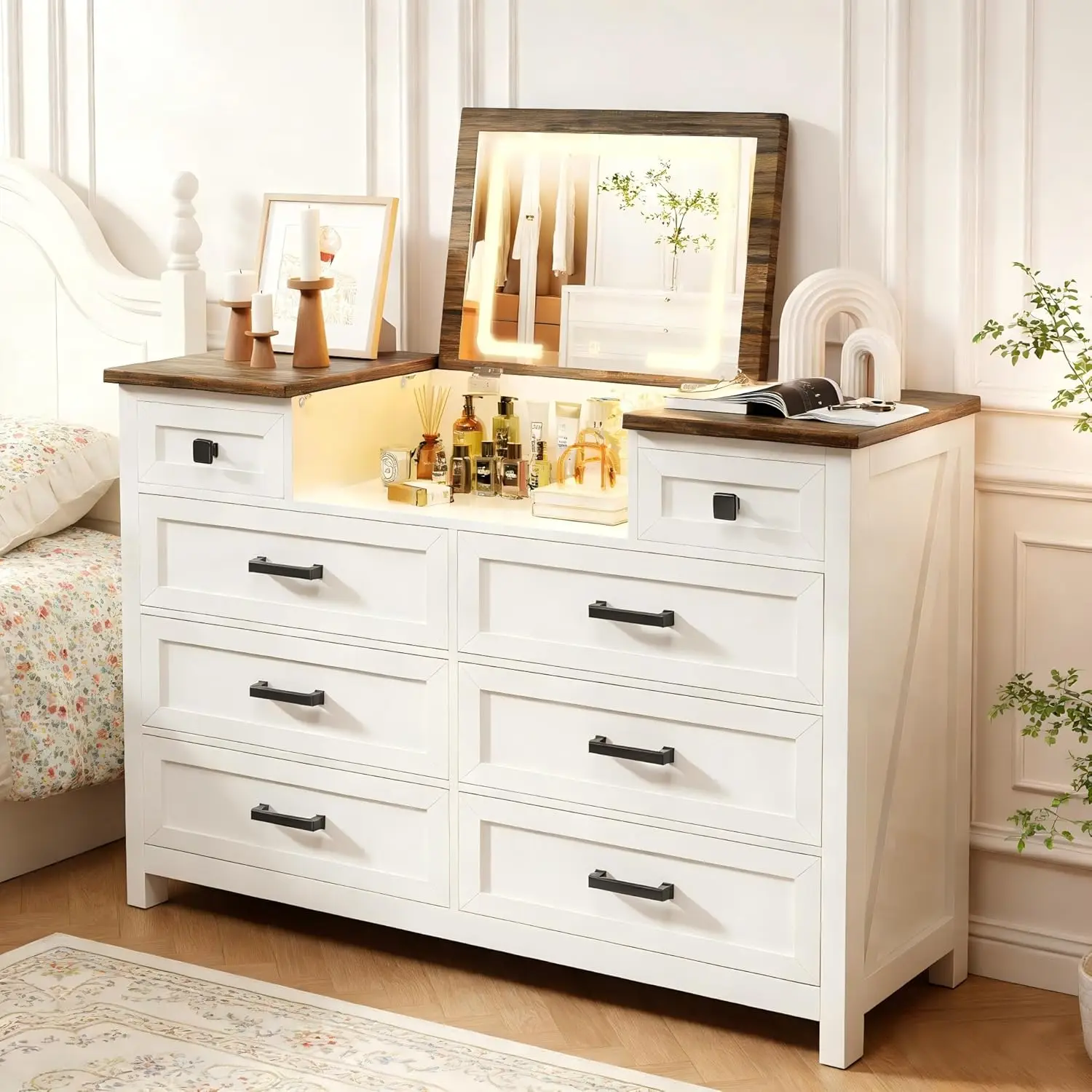 

Dresser with Mirror for Bedroom, Chest of Drawers with LED Mirror, 8 Drawer Dresser, White Dressers for Kids, Wood Dressers