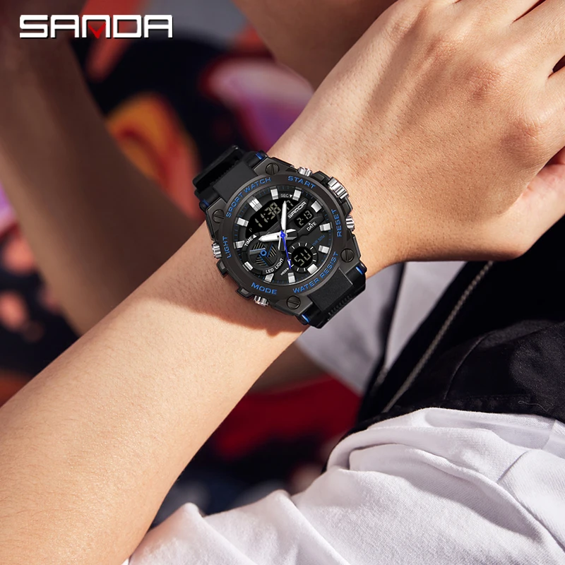 SANDA Outdoor Sport Military Men Watches 50M Waterproof Quartz Wristwatch LED Digital Electron Watch for Male Relogios Masculino