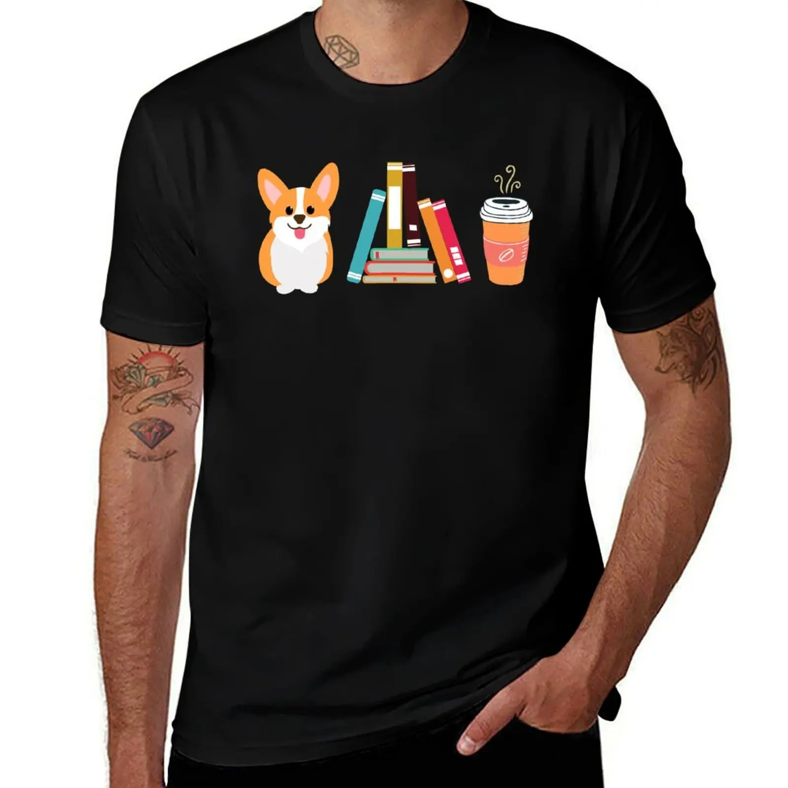 Corgi, Books and Coffee - symbols no words. T-Shirt Work Wear Lightweight Tee T-Shirt