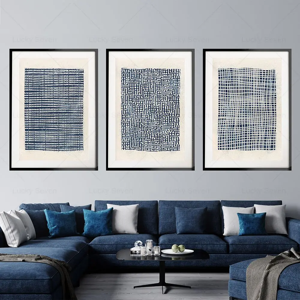 Navy Blue Abstract Modern Mid Century Wall Art Print Geometric Nordic Poster Lines Canvas Painting Decor Pictures Living Room