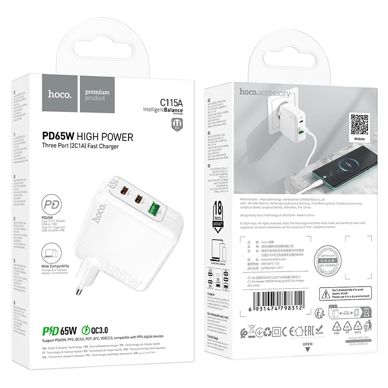 HOCO 65W GaN Fast Charging Wall Travel EU Charger For iPhone 15 14 13 Pro Max PD Dual USBC QC3.0 PPS Adapter For Samsung S24 S23