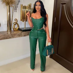 PU Leather 2 Piece Sets Women Outfit 2023 Sleeveless Tube Strapless Crop Top and Wide Leg Pants Suit Birthday Night Club Outfits